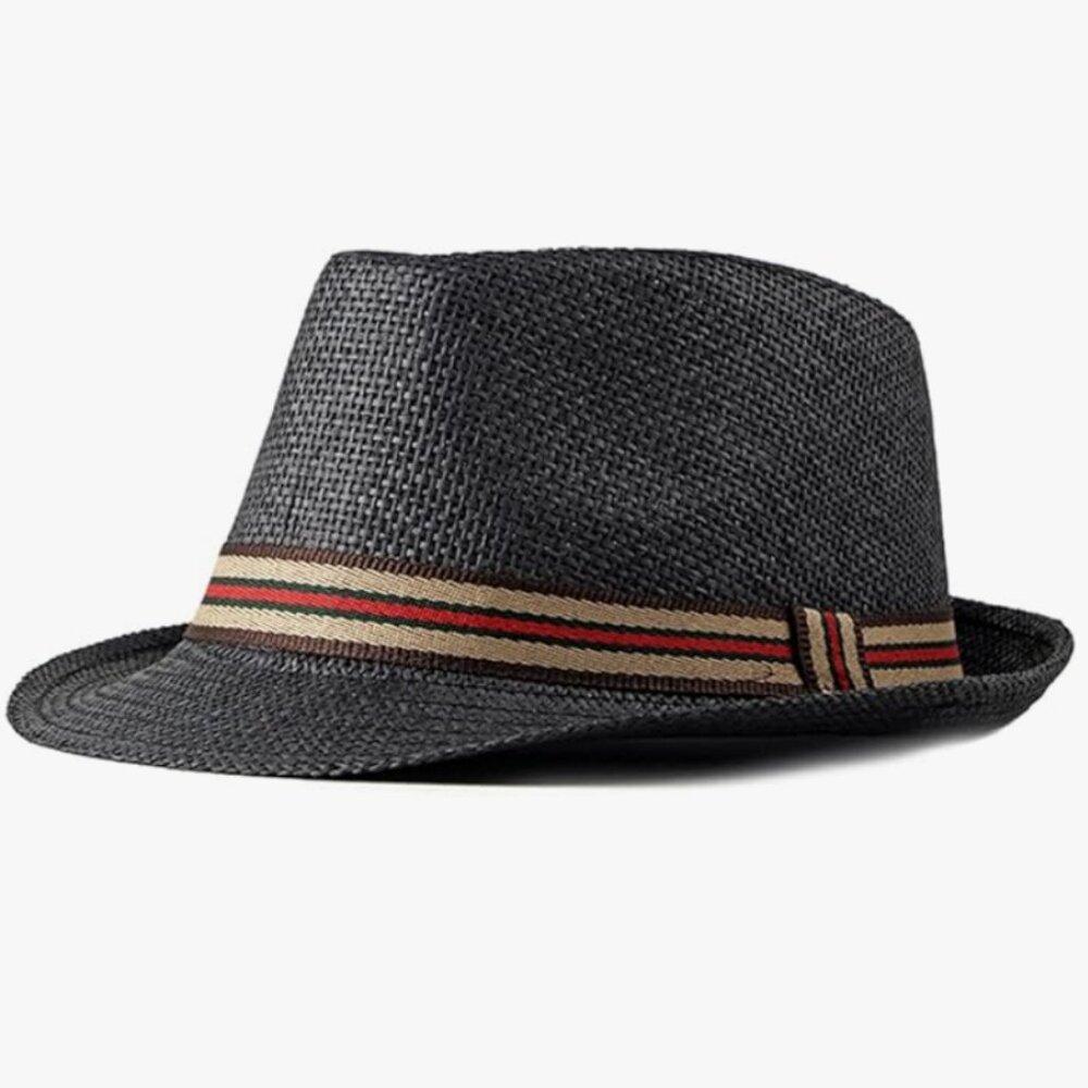 Italian Designer Inspired Black Hat Straw Fedora Tan Green Red Brown Band NWOT